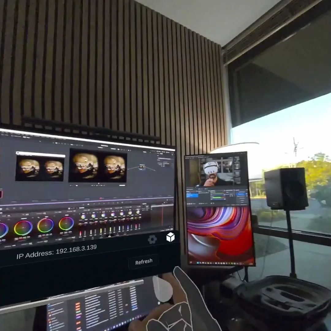 The VR.NDI connection panel floating in passthrough above a real edit desk, showing the headset's IP address and a Refresh button.