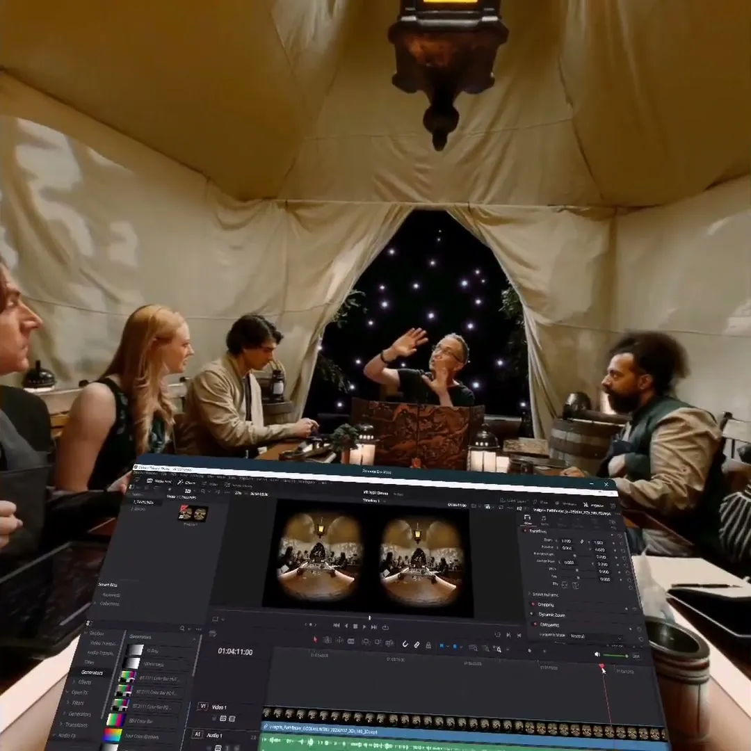 A DaVinci Resolve Remote Desktop window docked low in the headset, with the live 180° scene filling the view above it.
