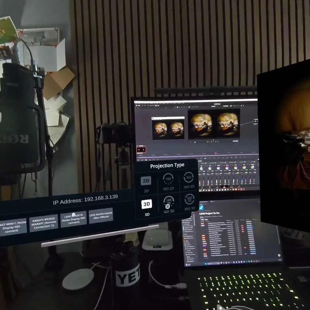 The Projection Type panel open in passthrough, with 2D, 180 2D, 360 2D, 3D, 180 3D and 360 3D options.