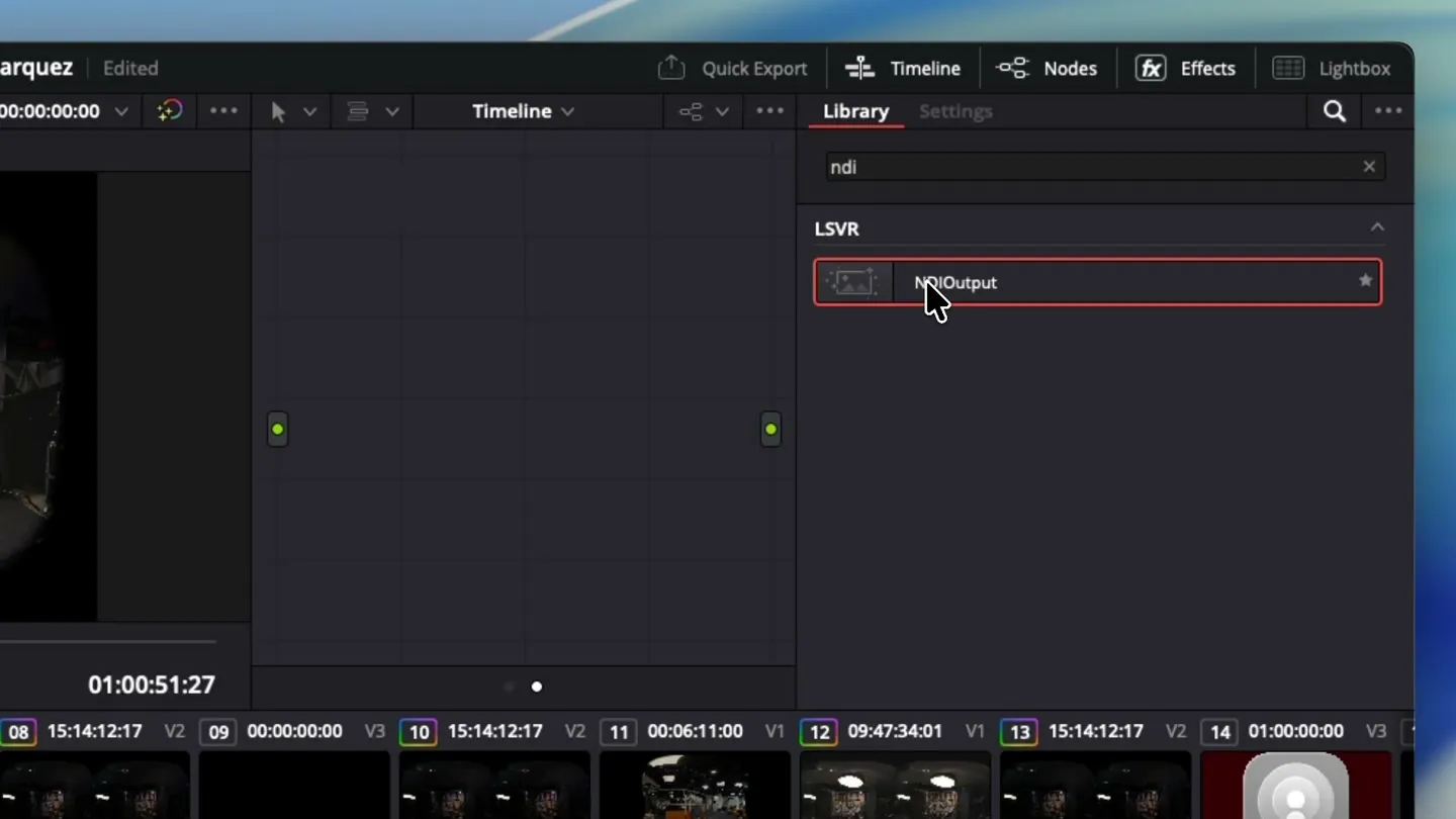 The Resolve Effects library filtered to NDI, showing NDIOutput under the LSVR group, with the node editor set to Timeline.