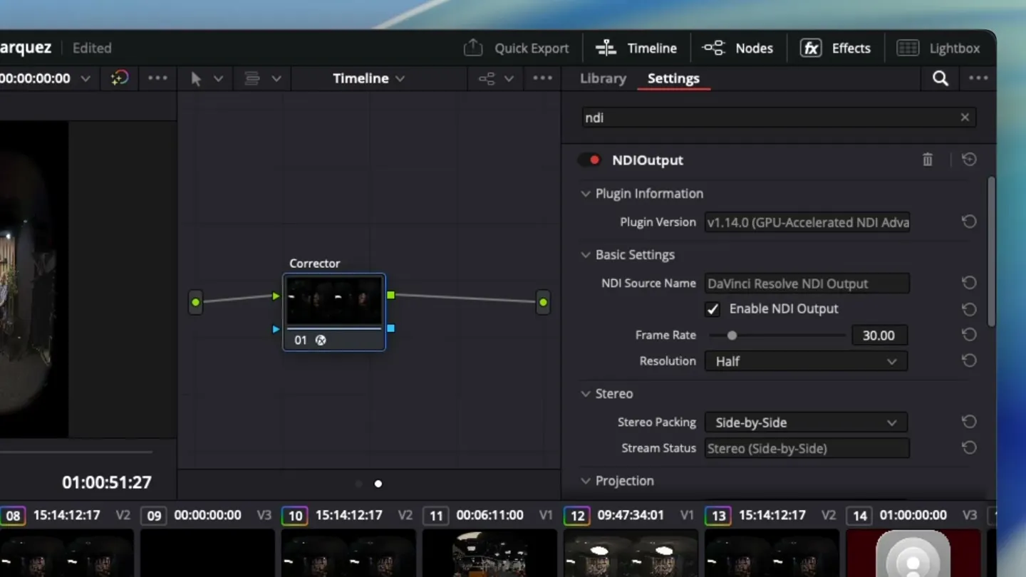 The NDIOutput settings: NDI Source Name, Enable NDI Output, Frame Rate, Resolution, Stereo Packing and Stream Status.