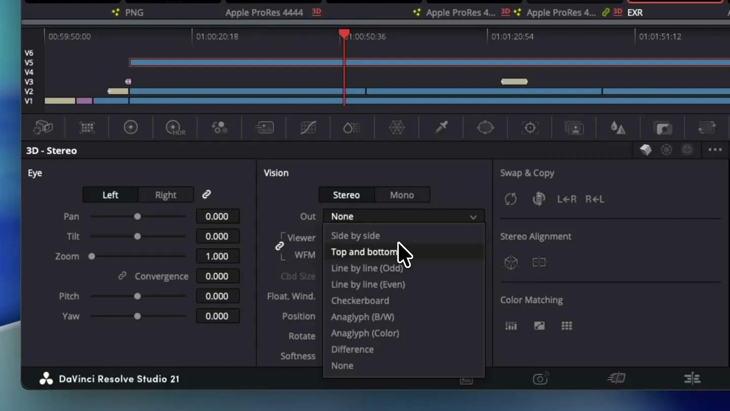 Resolve's 3D Stereo palette with the Vision Out menu open, listing Side by side and Top and bottom.