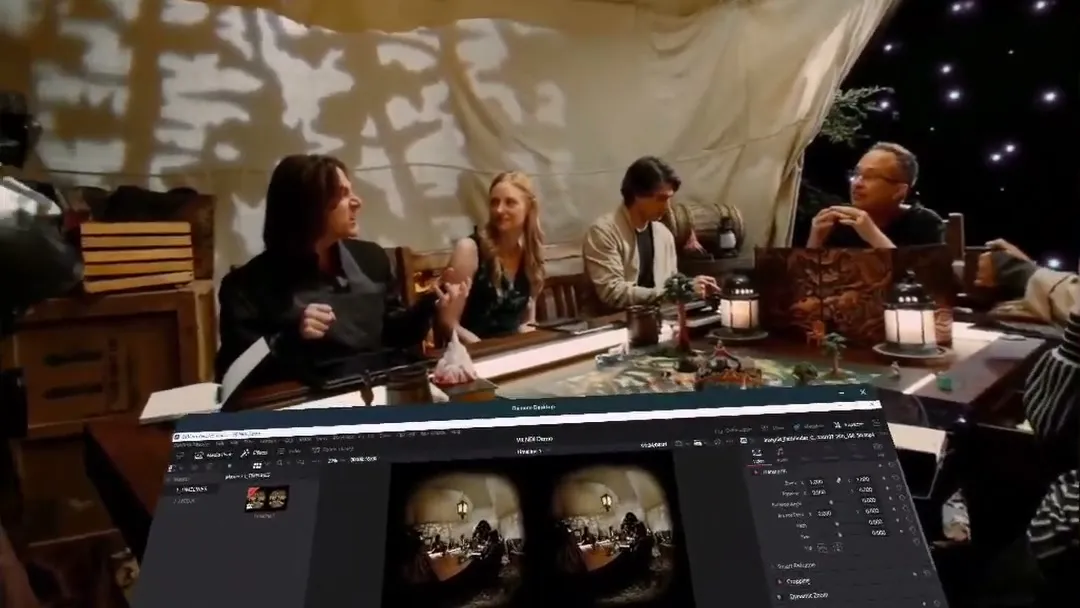 A DaVinci Resolve window floating in the headset below a live 180° 3D scene of people around a candlelit dinner table.