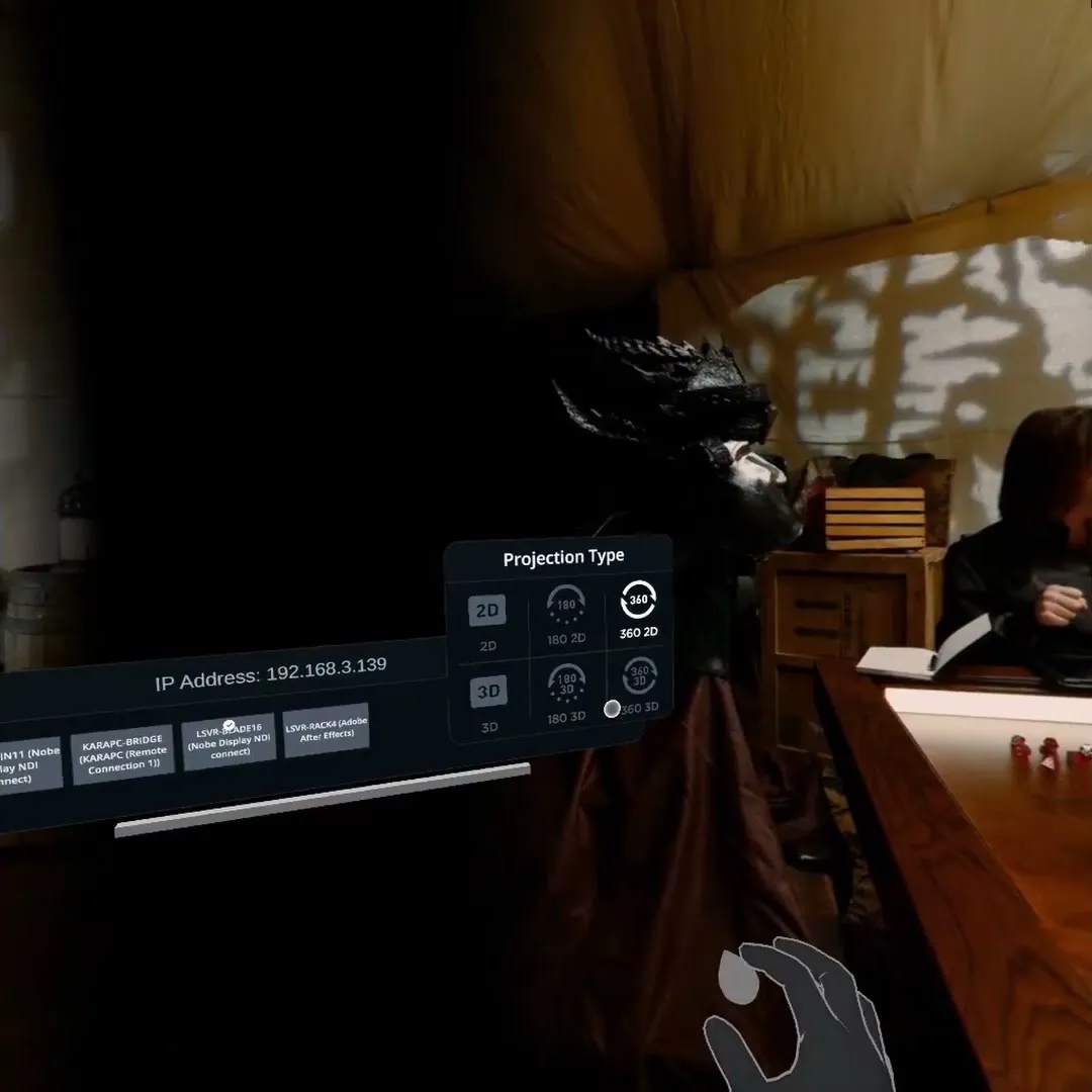 The VR.NDI Projection Type panel open over a live 180° scene, with 2D, 180 2D, 360 2D, 3D, 180 3D and 360 3D options.