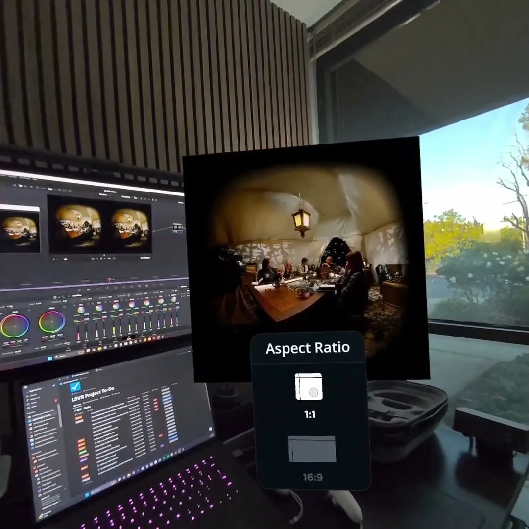 A windowed VR.NDI preview floating beside a real edit desk in passthrough, with an Aspect Ratio picker offering 1:1 and 16:9.
